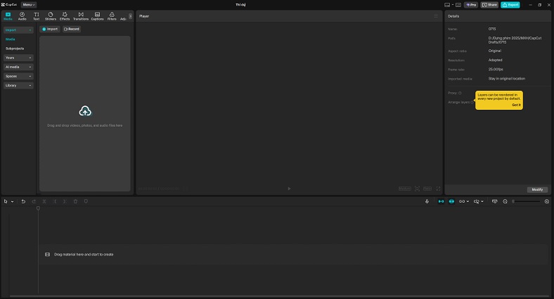 Giao diện của app edit video CapCut trên laptop với các tính năng nổi bật như tự động tạo phụ đề và kho hiệu ứng.