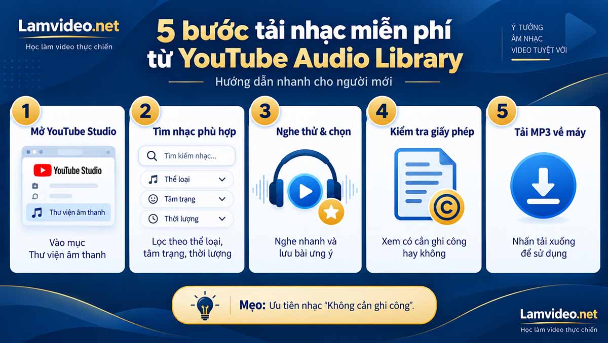 Infographic 5 bước tải nhạc miễn phí từ YouTube Audio Library
