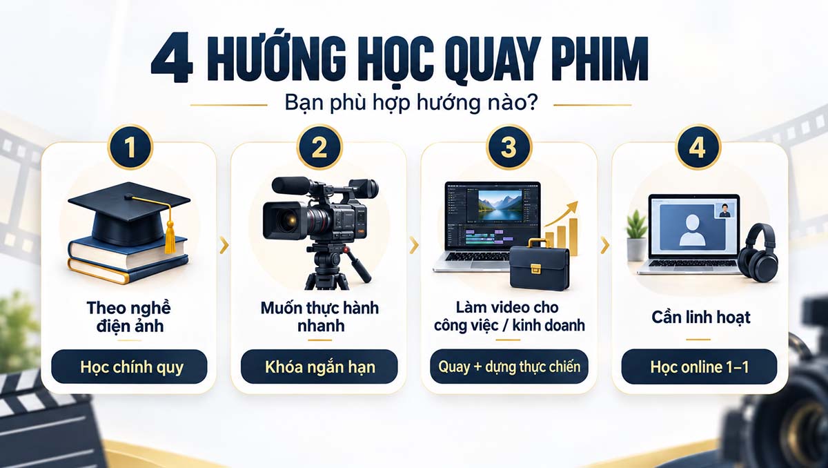 Infographic 4 hướng học quay phim gồm học chính quy, khóa ngắn hạn, quay dựng thực chiến và học online 1 kèm 1