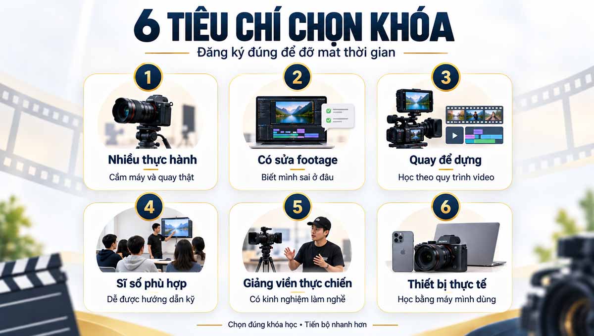 Infographic 6 tiêu chí chọn khóa học quay phim gồm nhiều thực hành, có sửa footage, quay để dựng, sĩ số phù hợp, giảng viên thực chiến và thiết bị thực tế
