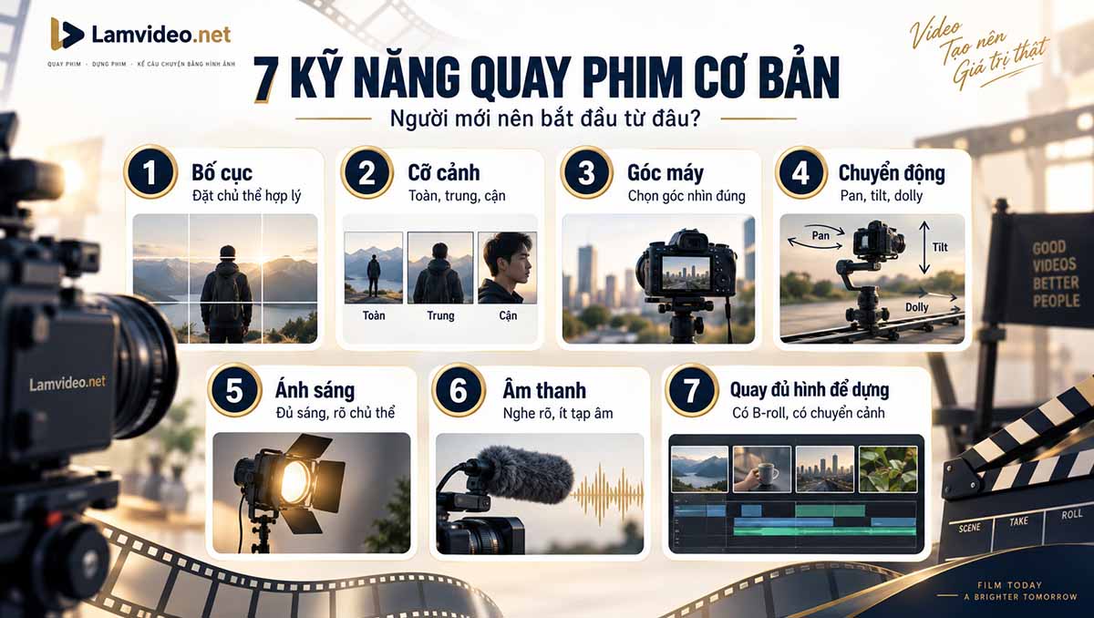 Infographic 7 kỹ năng quay phim cơ bản cho người mới gồm bố cục, cỡ cảnh, góc máy, chuyển động, ánh sáng, âm thanh và quay đủ hình để dựng
