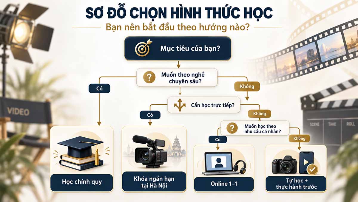 Infographic sơ đồ chọn hình thức học quay phim gồm học chính quy, khóa ngắn hạn tại Hà Nội, online 1 kèm 1 và tự học thực hành trước