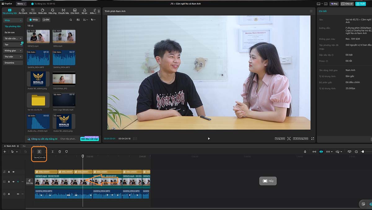 Giao diện CapCut PC với Timeline, playhead và công cụ Split dùng để cắt video trên máy tính