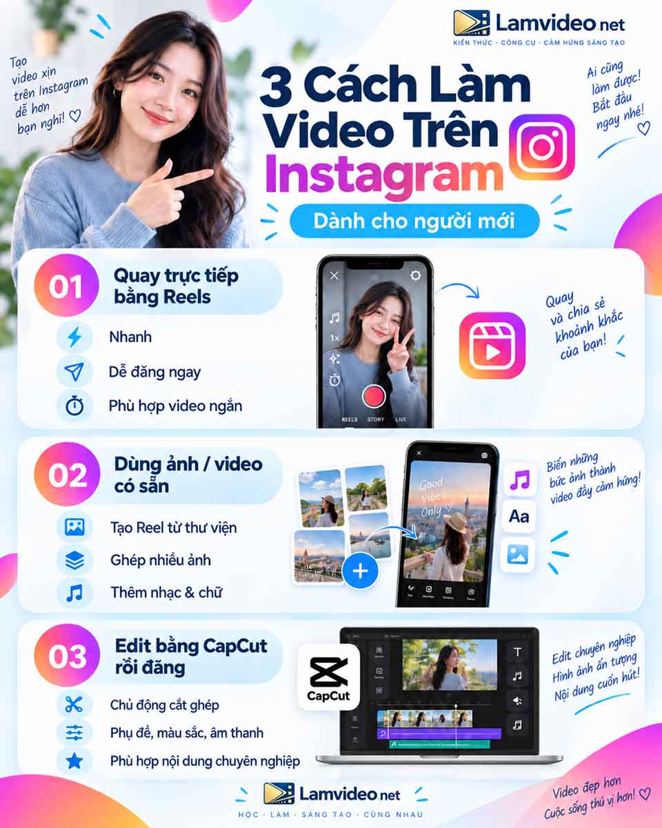 3 cách làm video trên Instagram cho người mới: quay Reels, dùng ảnh video có sẵn và edit bằng CapCut