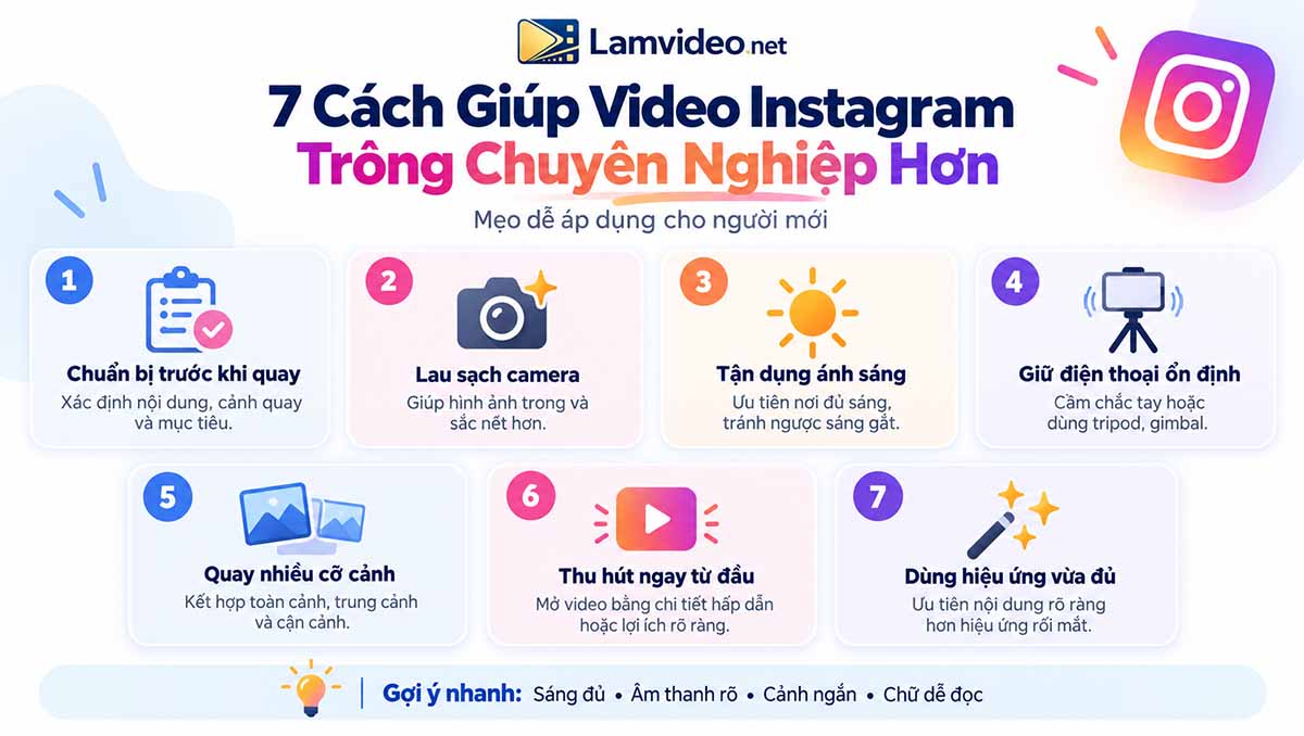 Infographic 7 cách giúp video Instagram trông chuyên nghiệp hơn, gồm chuẩn bị nội dung, lau camera, tận dụng ánh sáng, giữ máy ổn định, quay nhiều cỡ cảnh, tạo hook và dùng hiệu ứng vừa đủ.