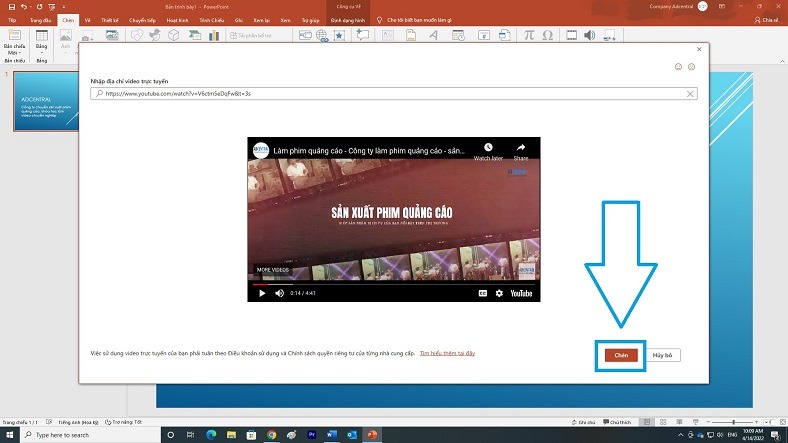Click vào biểu tượng Chèn khi video được load xong