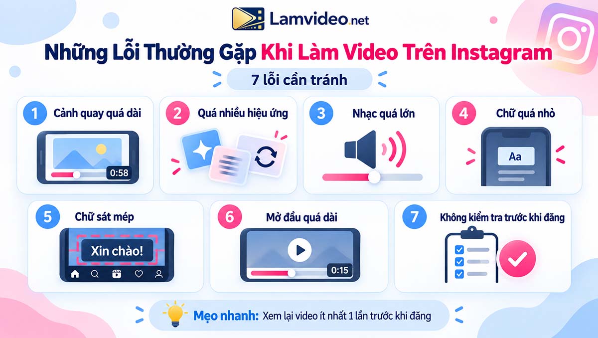 Infographic những lỗi thường gặp khi làm video trên Instagram như cảnh quay quá dài, quá nhiều hiệu ứng, nhạc quá lớn, chữ quá nhỏ, chữ sát mép, mở đầu quá dài và không kiểm tra trước khi đăng.
