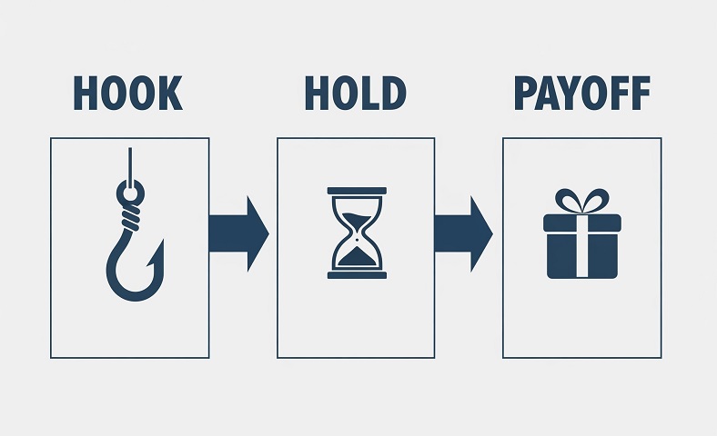 Infographic mô tả công thức kịch bản video 3 phần: Phần 1 là 'HOOK' với biểu tượng lưỡi câu, phần 2 là 'HOLD' với biểu tượng đồng hồ cát, và phần 3 là 'PAYOFF' với biểu tượng hộp quà, thể hiện trình tự thu hút, giữ chân và mang lại giá trị cho người xem.