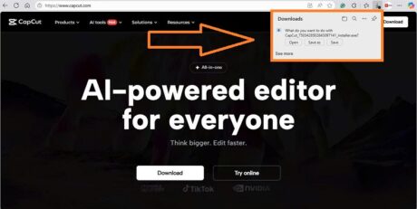 Hộp thoại Lưu file cài đặt Capcut PC cho Windows, gợi ý vị trí lưu file.