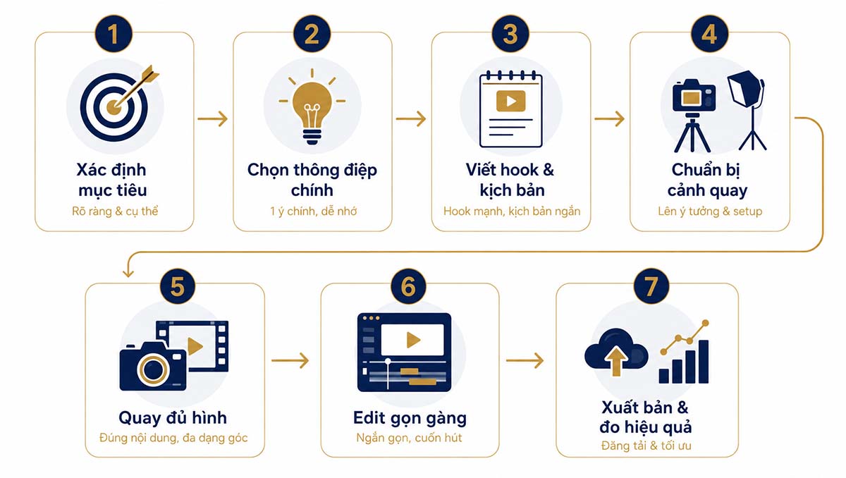 7 bước làm video ngắn chất lượng cao từ xác định mục tiêu, viết kịch bản, quay, edit đến xuất bản