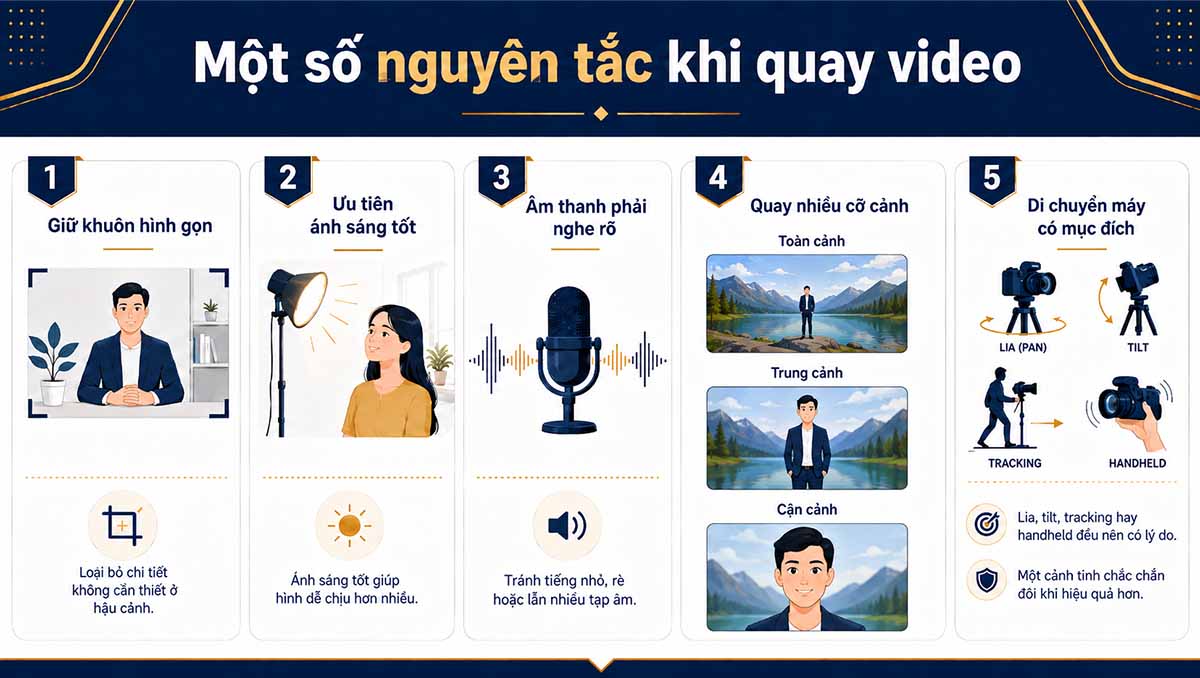 Một số nguyên tắc nên chú ý khi quay video như giữ khuôn hình gọn, ưu tiên ánh sáng tốt, âm thanh rõ và quay đủ cỡ cảnh
