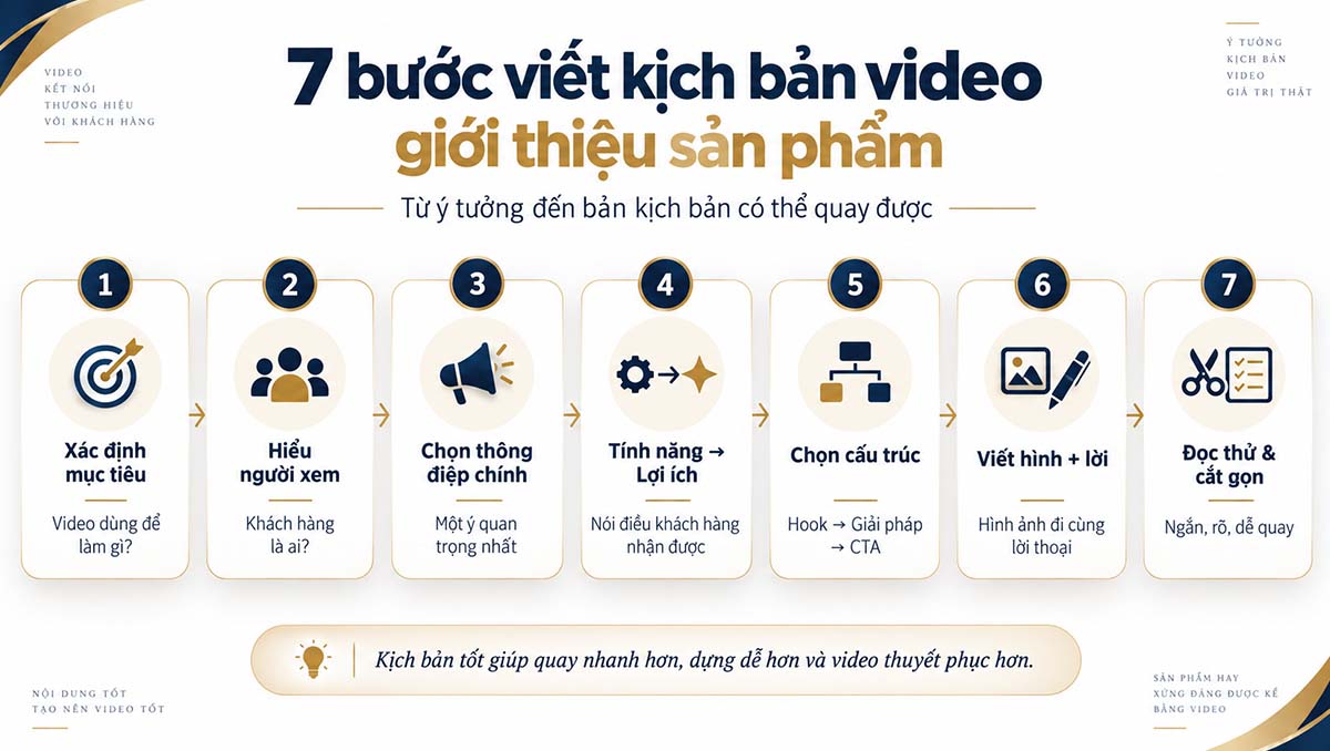 Infographic 7 bước viết kịch bản video giới thiệu sản phẩm từ xác định mục tiêu đến đọc thử và cắt gọn