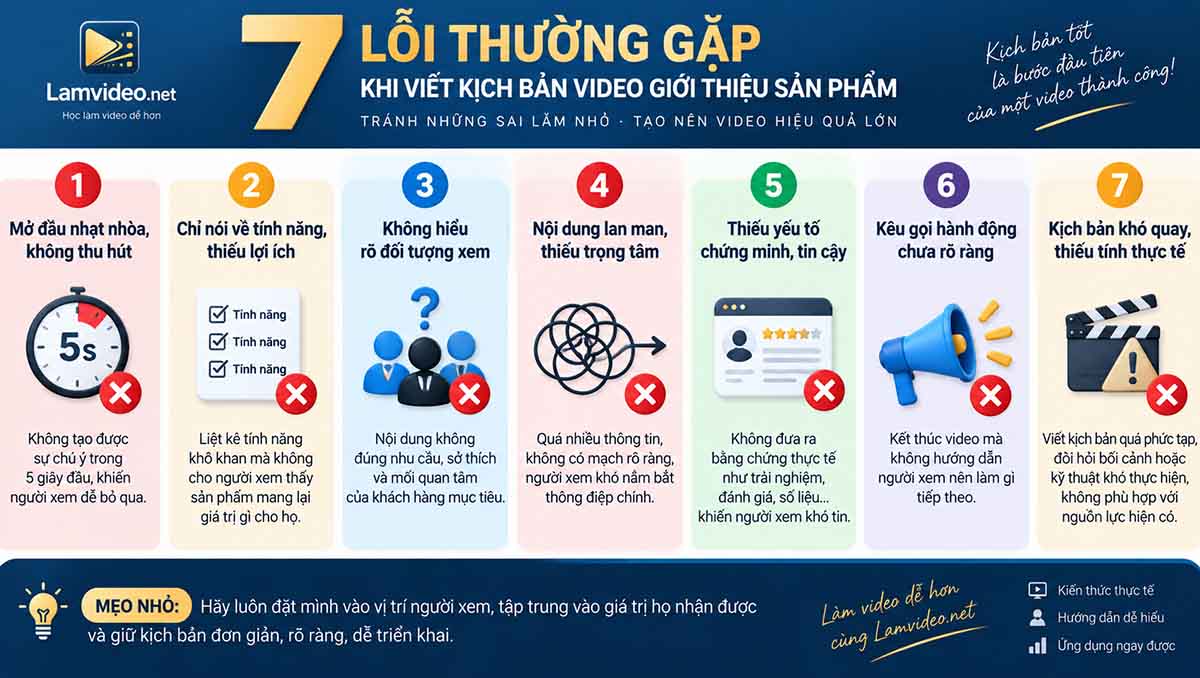 Infographic 7 lỗi thường gặp khi viết kịch bản video giới thiệu sản phẩm như mở đầu nhạt, chỉ nói tính năng, thiếu bằng chứng và CTA chưa rõ