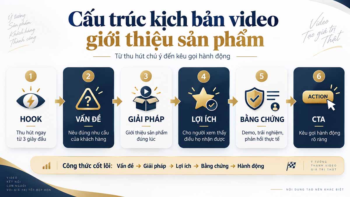 Infographic cấu trúc kịch bản video giới thiệu sản phẩm gồm Hook, Vấn đề, Giải pháp, Lợi ích, Bằng chứng và CTA