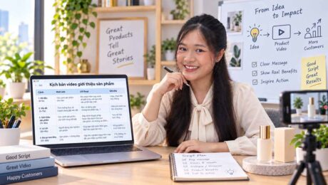 Người làm nội dung đang xây dựng kịch bản video giới thiệu sản phẩm với laptop, sản phẩm mẫu và thiết bị quay