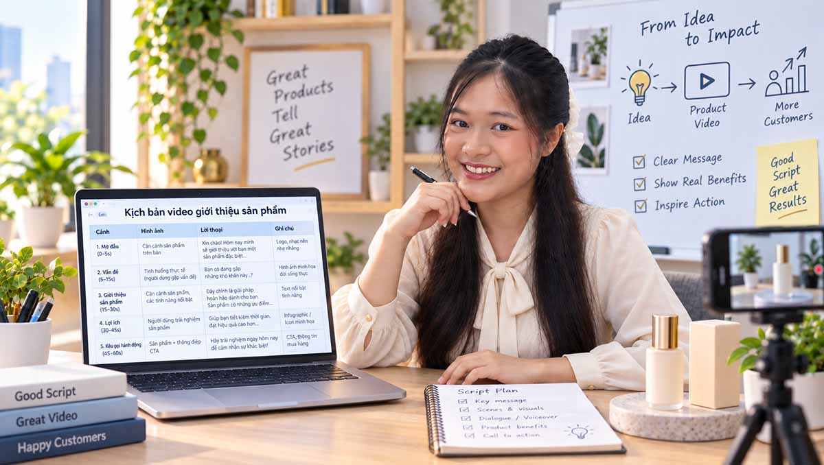 Người làm nội dung đang xây dựng kịch bản video giới thiệu sản phẩm với laptop, sản phẩm mẫu và thiết bị quay