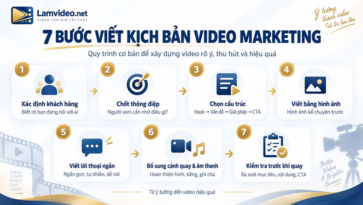 Infographic 7 bước viết kịch bản video marketing từ xác định khách hàng đến kiểm tra trước khi quay