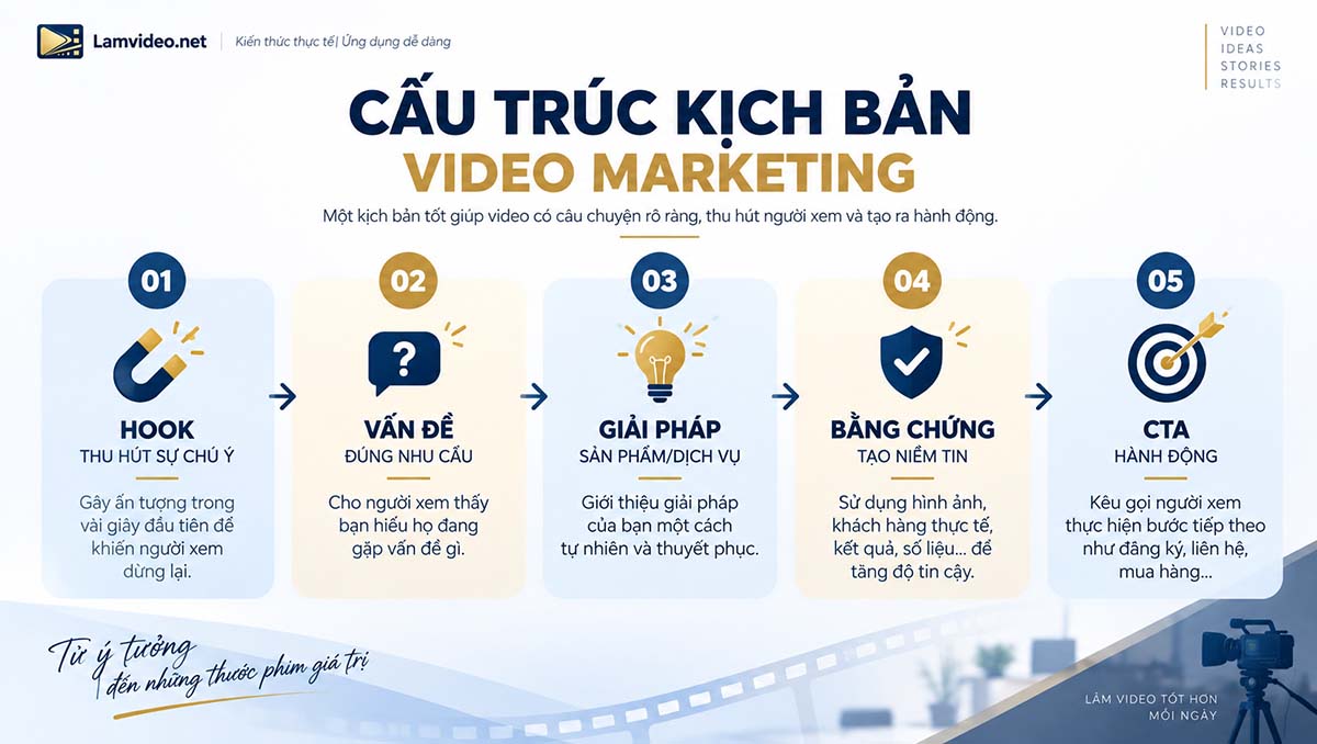 Cấu trúc kịch bản video marketing gồm Hook, Vấn đề, Giải pháp, Bằng chứng và CTA