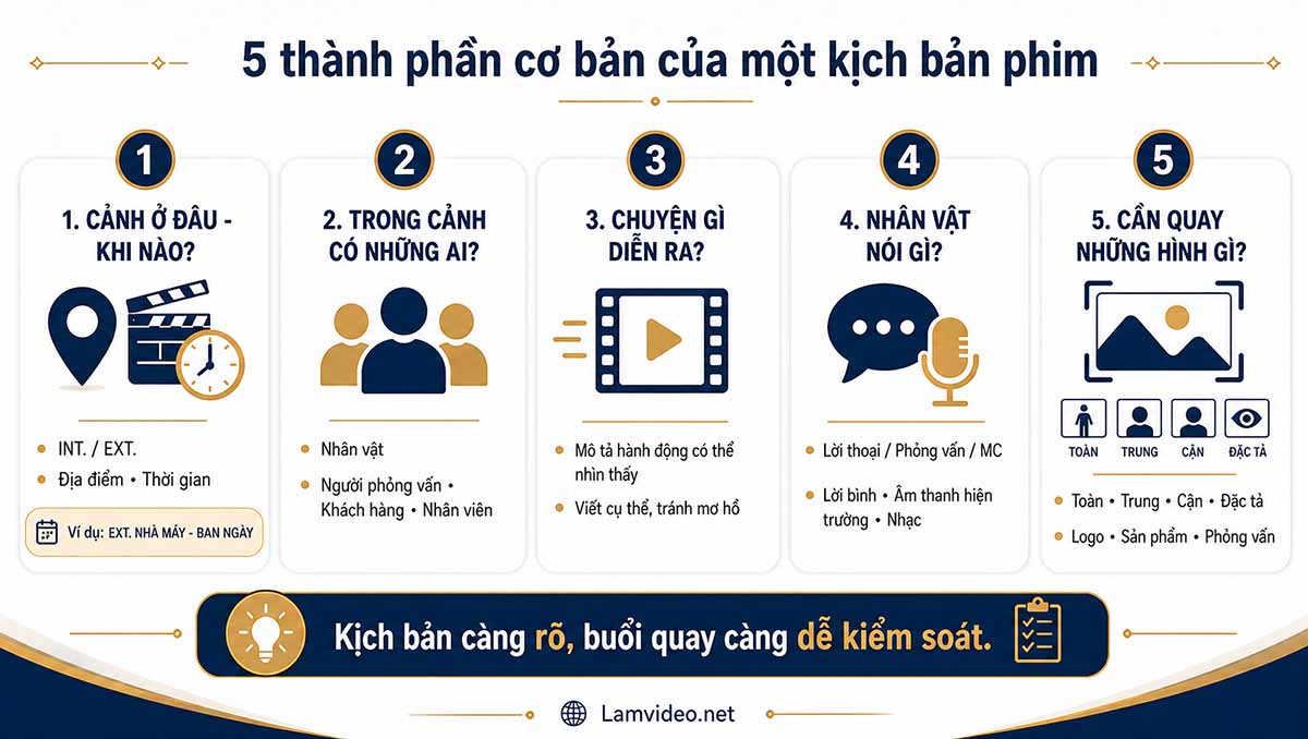 5 thành phần cơ bản của kịch bản phim gồm bối cảnh, nhân vật, hành động, lời thoại và hình ảnh cần quay