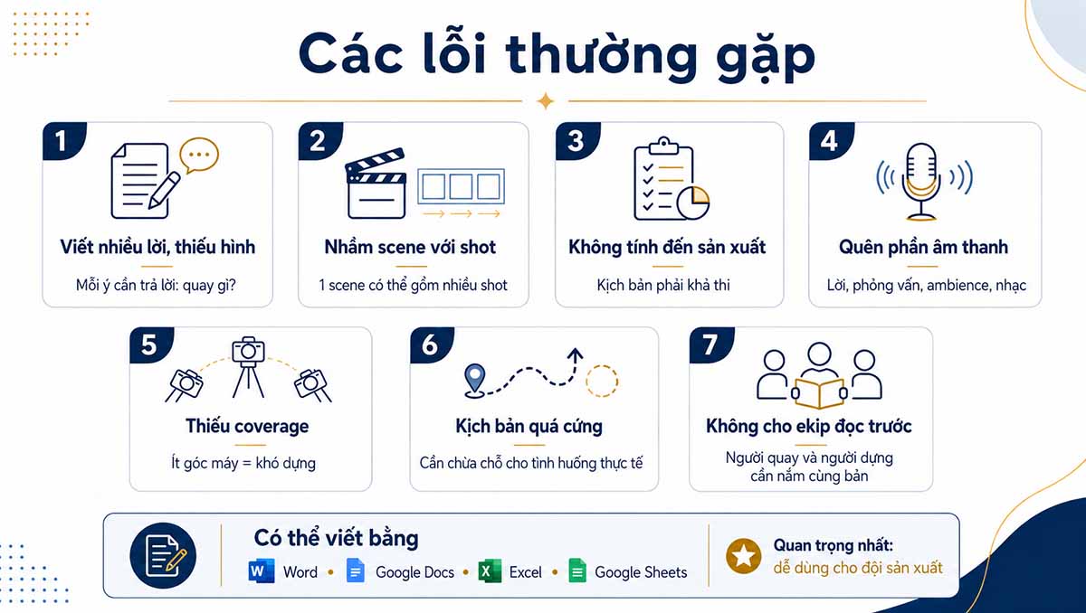 7 lỗi thường gặp khi viết kịch bản quay phim như thiếu hình, nhầm scene với shot, quên âm thanh và thiếu coverage