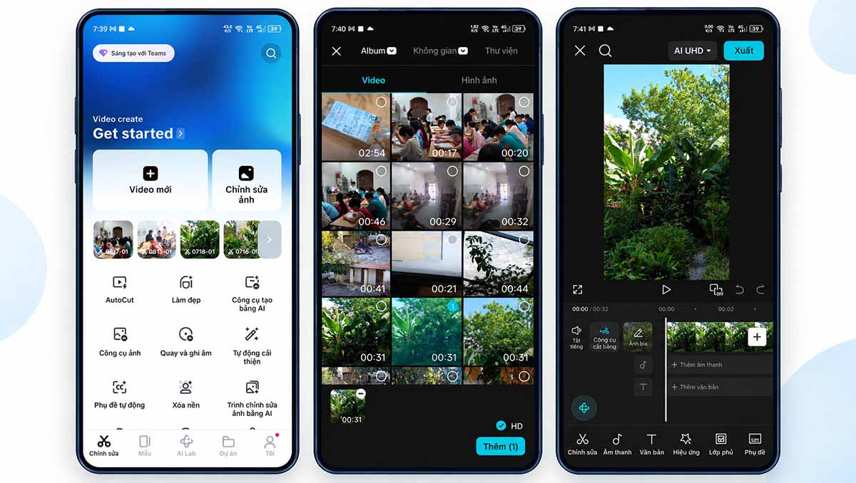 Ba bước mở CapCut, chọn video và đưa dữ liệu vào timeline để bắt đầu chỉnh sửa