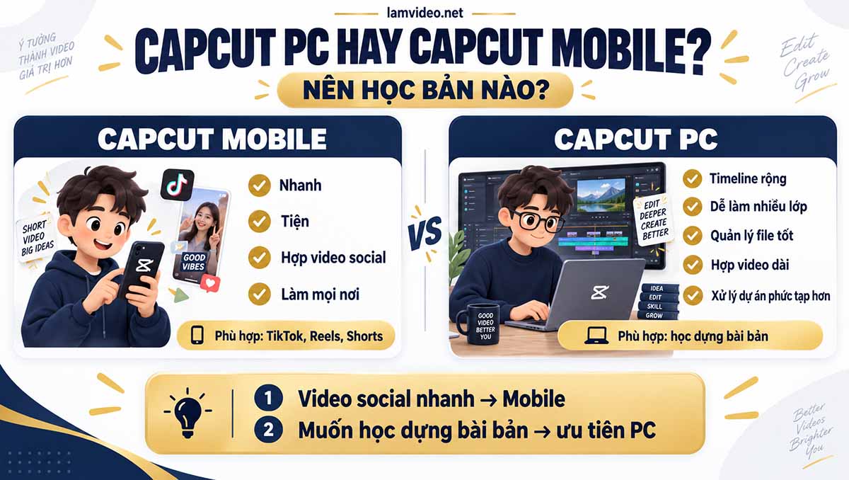 Infographic so sánh CapCut PC và CapCut Mobile, giúp người mới chọn phiên bản phù hợp để học