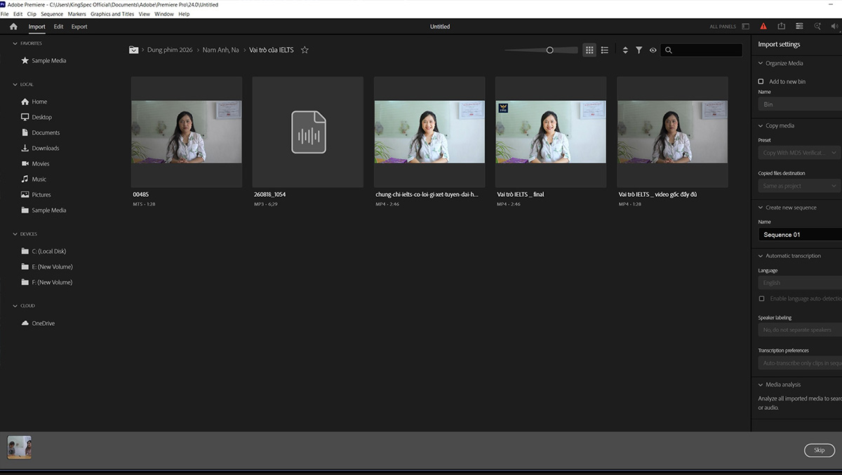 Chuẩn bị và tổ chức tư liệu dựng video bằng Adobe Premiere Pro 2026