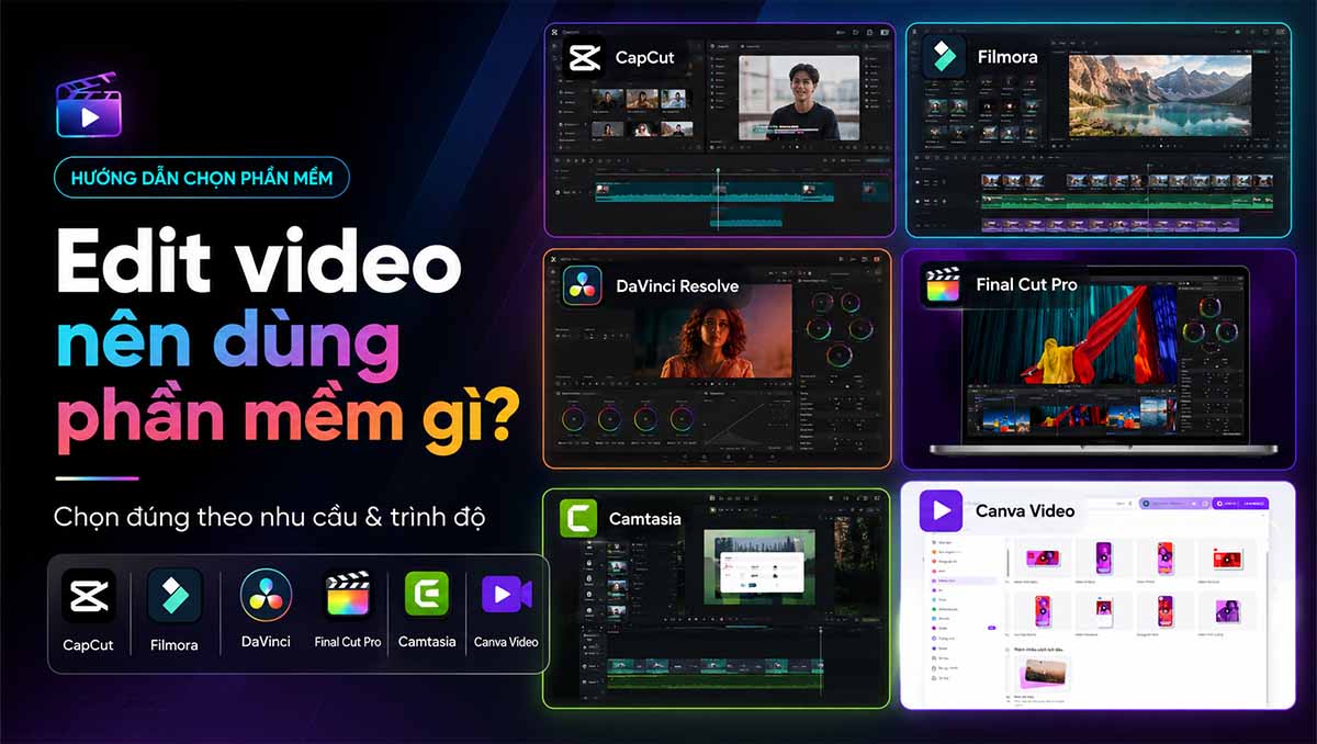 Edit video nên dùng phần mềm gì - so sánh CapCut, Filmora, DaVinci Resolve, Final Cut Pro, Camtasia và Canva Video