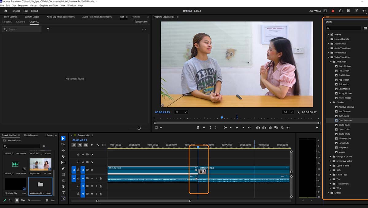 Khu vực Effects và Transitions trong Adobe Premiere Pro 2026