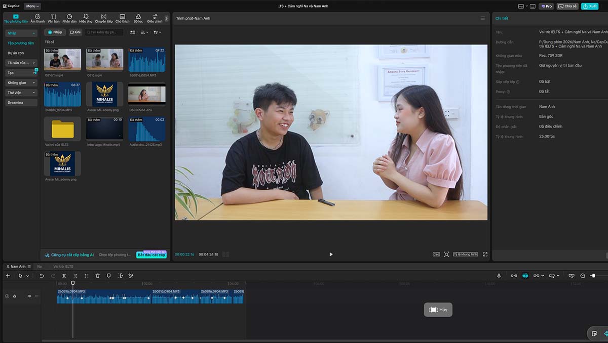 Giao diện CapCut Pro đang edit video cho một dự án giáo dục