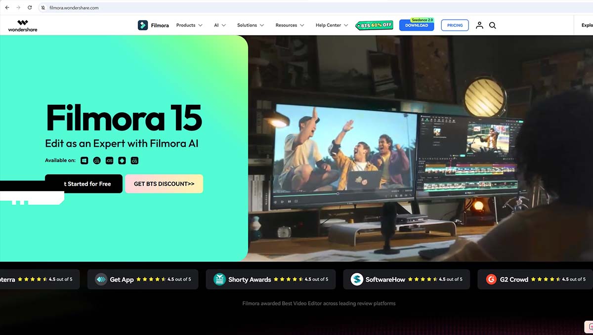 Giao diện Filmora 15 với tùy chọn tải dùng thử miễn phí