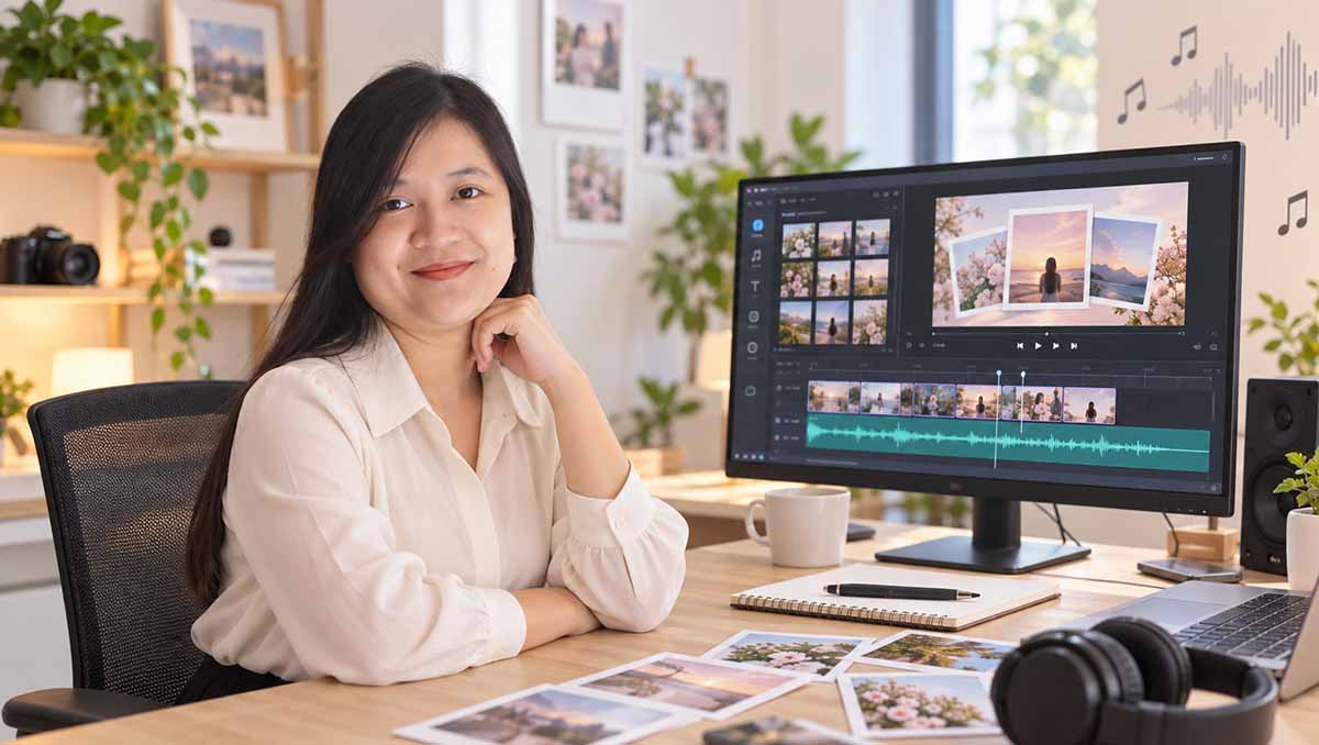Người phụ nữ ngồi trước máy tính đang chỉnh sửa video từ ảnh và nhạc trong không gian làm việc sáng tạo