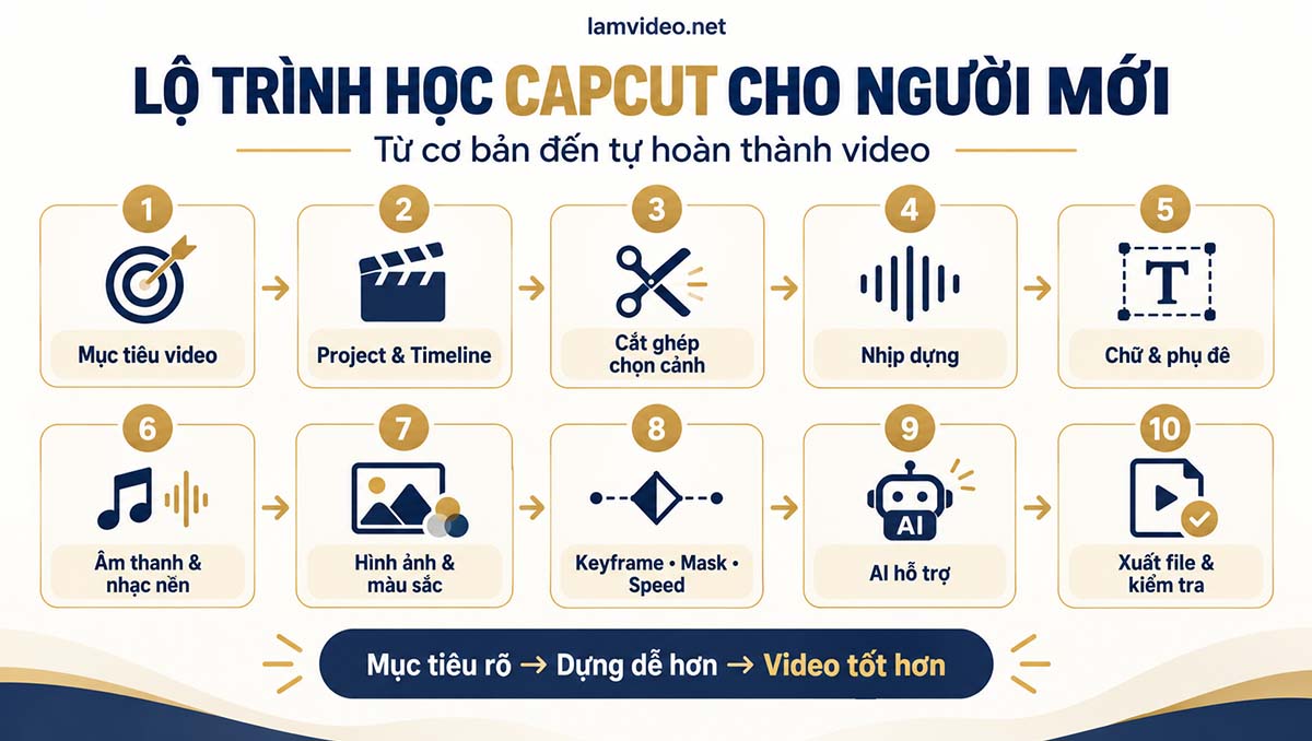 Infographic lộ trình học CapCut cho người mới từ cơ bản đến tự hoàn thành video