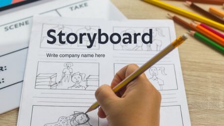Ví dụ về một kịch bản phân cảnh storyboard đơn giản với năm khung hình phác thảo cảnh quay cho video quảng cáo.