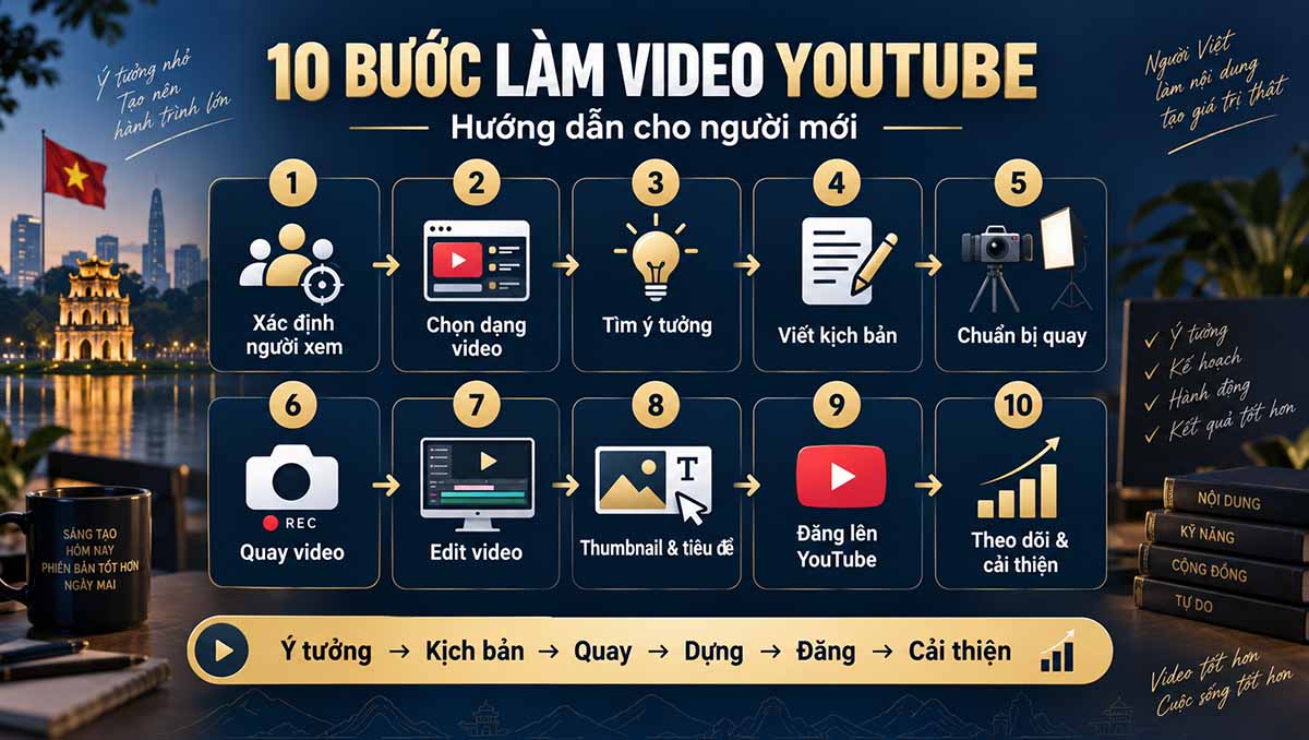 Infographic 10 bước làm video YouTube cho người mới từ ý tưởng đến đăng video