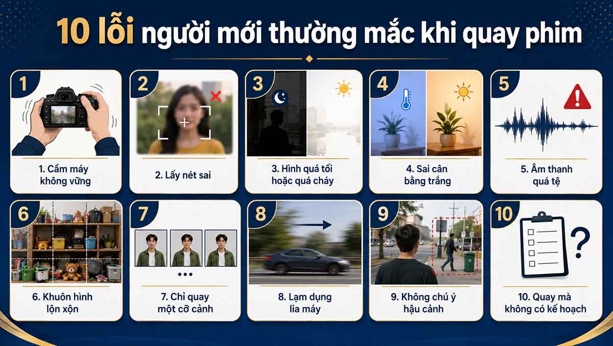 10 lỗi người mới thường mắc khi quay phim như cầm máy không vững, sai nét, thiếu sáng, âm thanh kém và quay không có kế hoạch