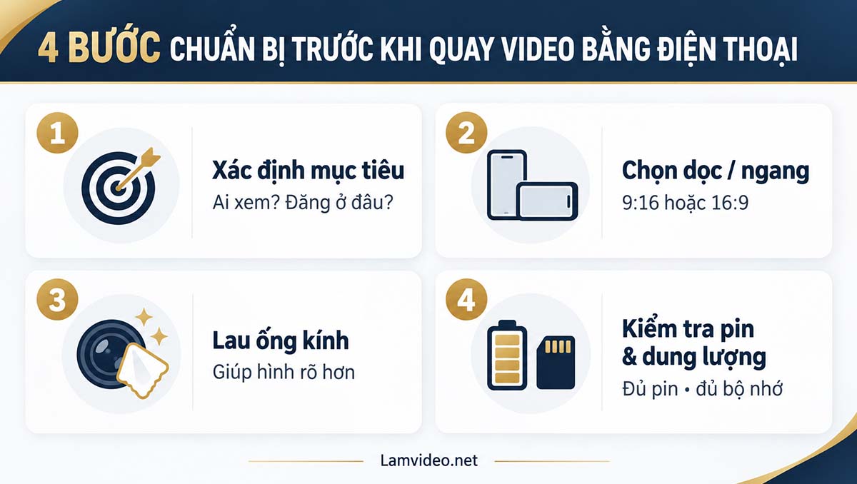 Infographic 4 bước chuẩn bị trước khi quay video bằng điện thoại