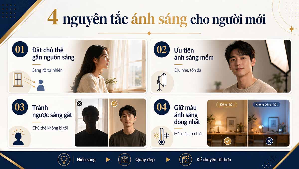4 nguyên tắc ánh sáng khi quay video cho người mới gồm đặt chủ thể gần nguồn sáng, dùng ánh sáng mềm, tránh ngược sáng gắt và giữ màu ánh sáng đồng nhất