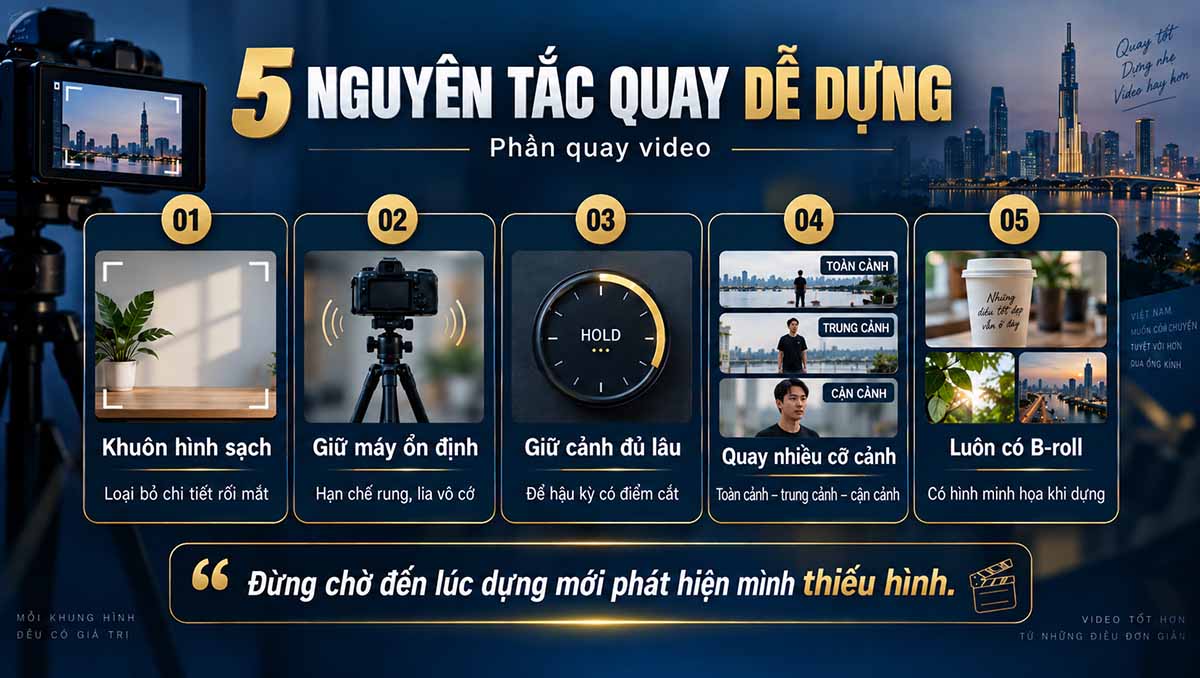 Infographic 5 nguyên tắc quay video dễ dựng gồm khuôn hình sạch, máy ổn định, cảnh đủ lâu, nhiều cỡ cảnh và B-roll