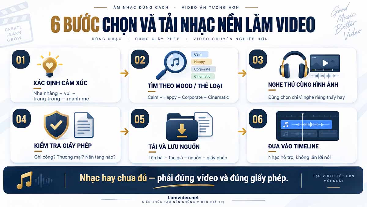 Infographic 6 bước chọn và tải nhạc nền làm video an toàn bản quyền