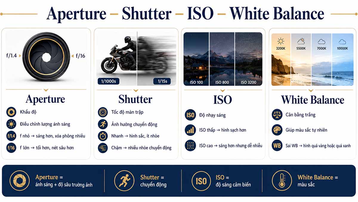 Infographic Aperture, Shutter, ISO và White Balance trong quay phim cho người mới