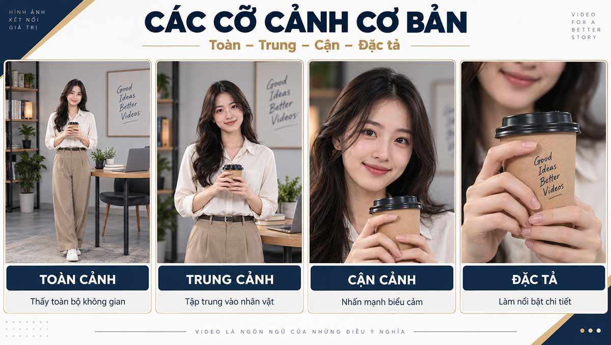 Infographic các cỡ cảnh cơ bản toàn trung cận đặc tả khi quay video
