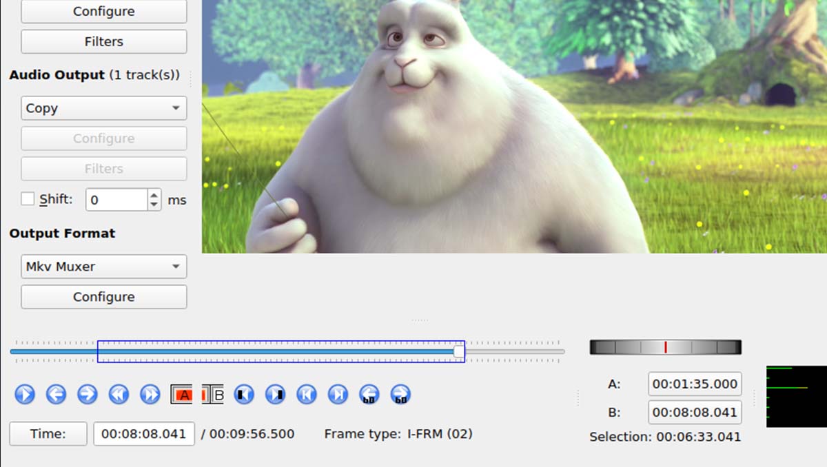 Giao diện phần mềm Avidemux dùng để cắt, lọc và chuyển đổi video trên laptop