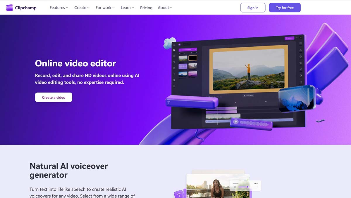 Ảnh chụp màn hình giao diện Clipchamp, app edit video trên laptop dành cho người dùng Windows