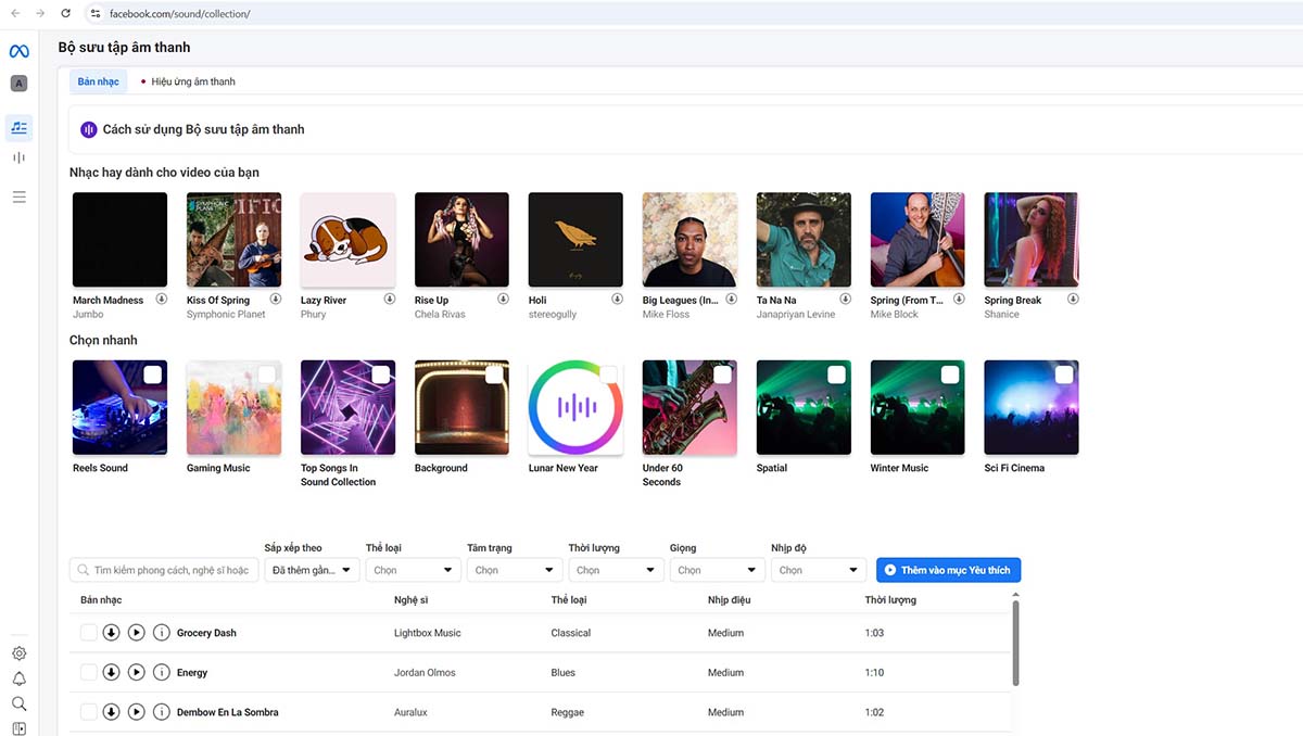 Giao diện Meta Sound Collection để tải nhạc nền làm video Facebook