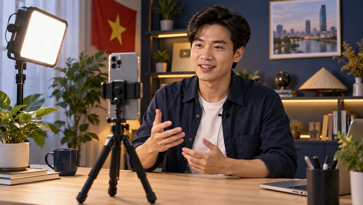 Setup quay video YouTube bằng điện thoại với micro cài áo và đèn chiếu sáng