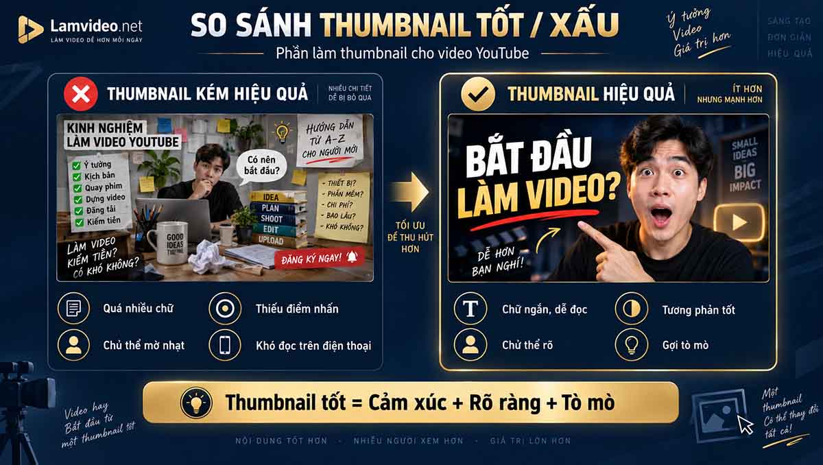 Infographic so sánh thumbnail YouTube tốt và xấu với các yếu tố về chữ, chủ thể, tương phản và sự tò mò