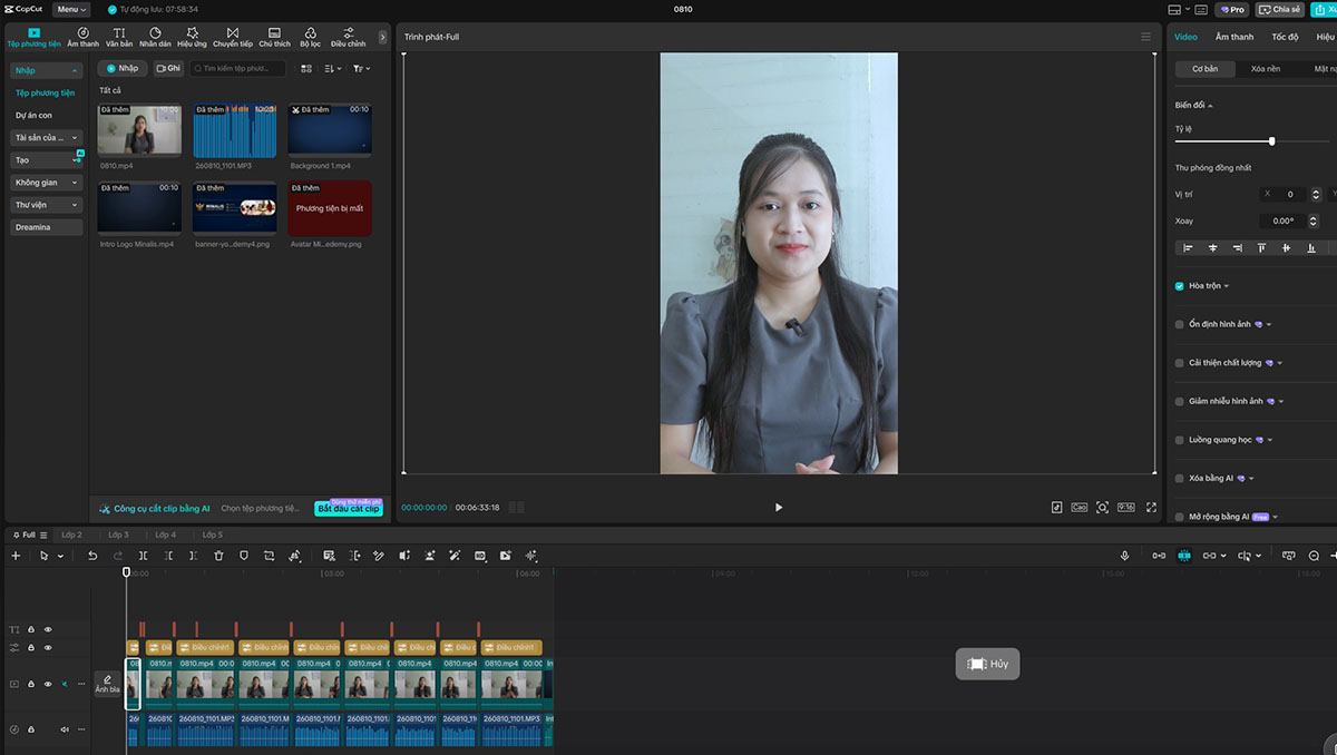Giao diện phần mềm edit video TikTok trên máy tính với khung hình dọc 9 16