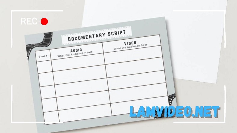 Hình ảnh kịch bản video giới thiệu công ty được viết trên giấy với cấu trúc 2 cột, minh họa cho quá trình lập kế kế hoạch sản xuất video chuyên nghiệp.