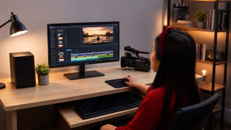 Nhân viên kỹ thuật đang edit video hoàn thiện sản phẩm cho khách hàng